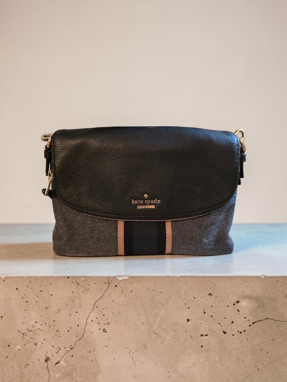 kate spade Black Leather & Gray Fabric Crossbody with Navy Stripe